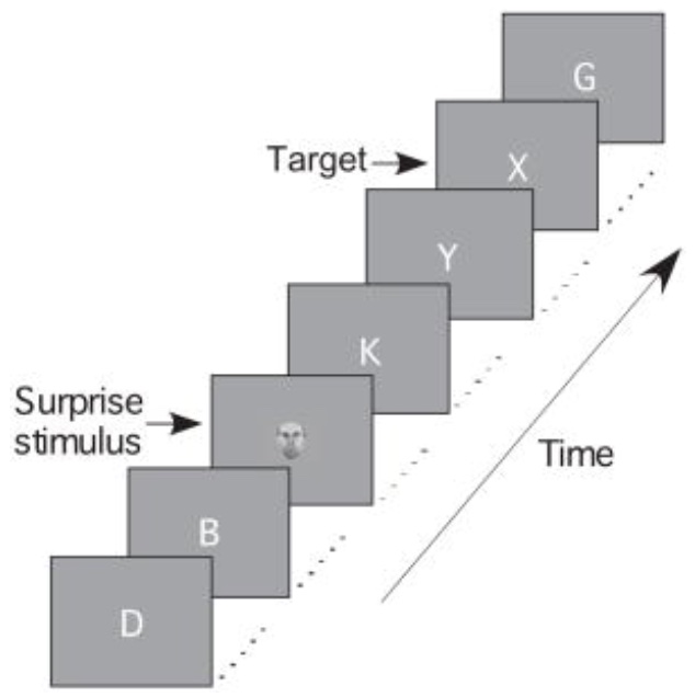 In the study schematised here, in 4 of 30 trials a surprise face stimulus popped up at various lags before a target letter.