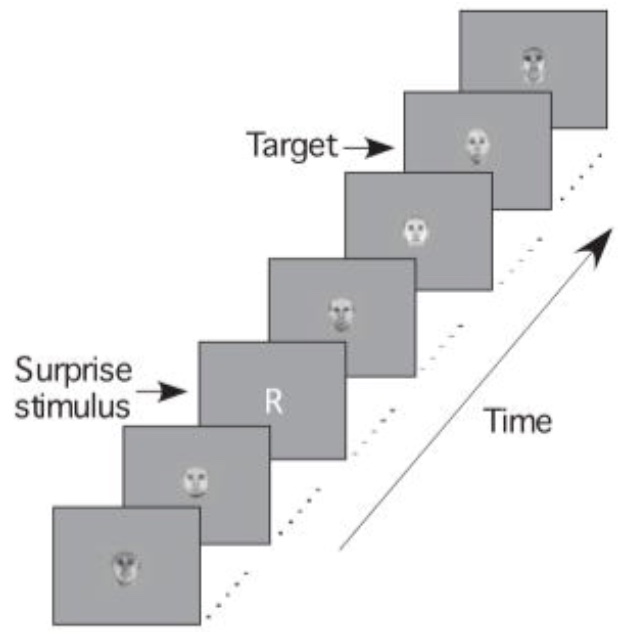 Schematic of a stream of faces, with a surprise letter.