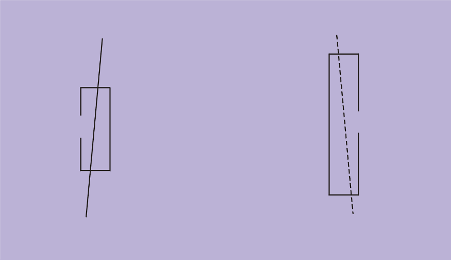 Two displays. On the left, a clockwise-tilted line on top of a box with a left gap.