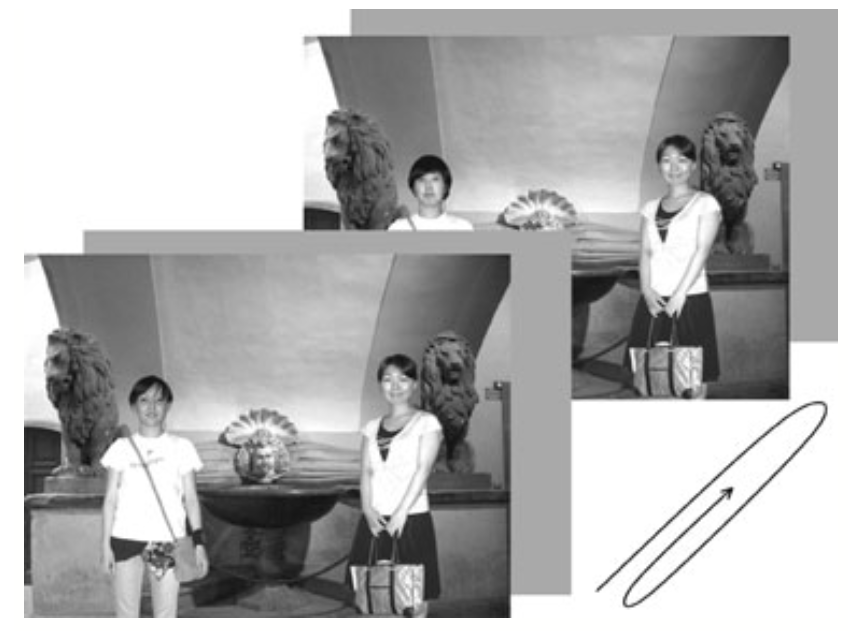 A schematic of one of the trials in the experiment. This trial is an example of the head change condition. The head of the person to the left was replaced by another head.